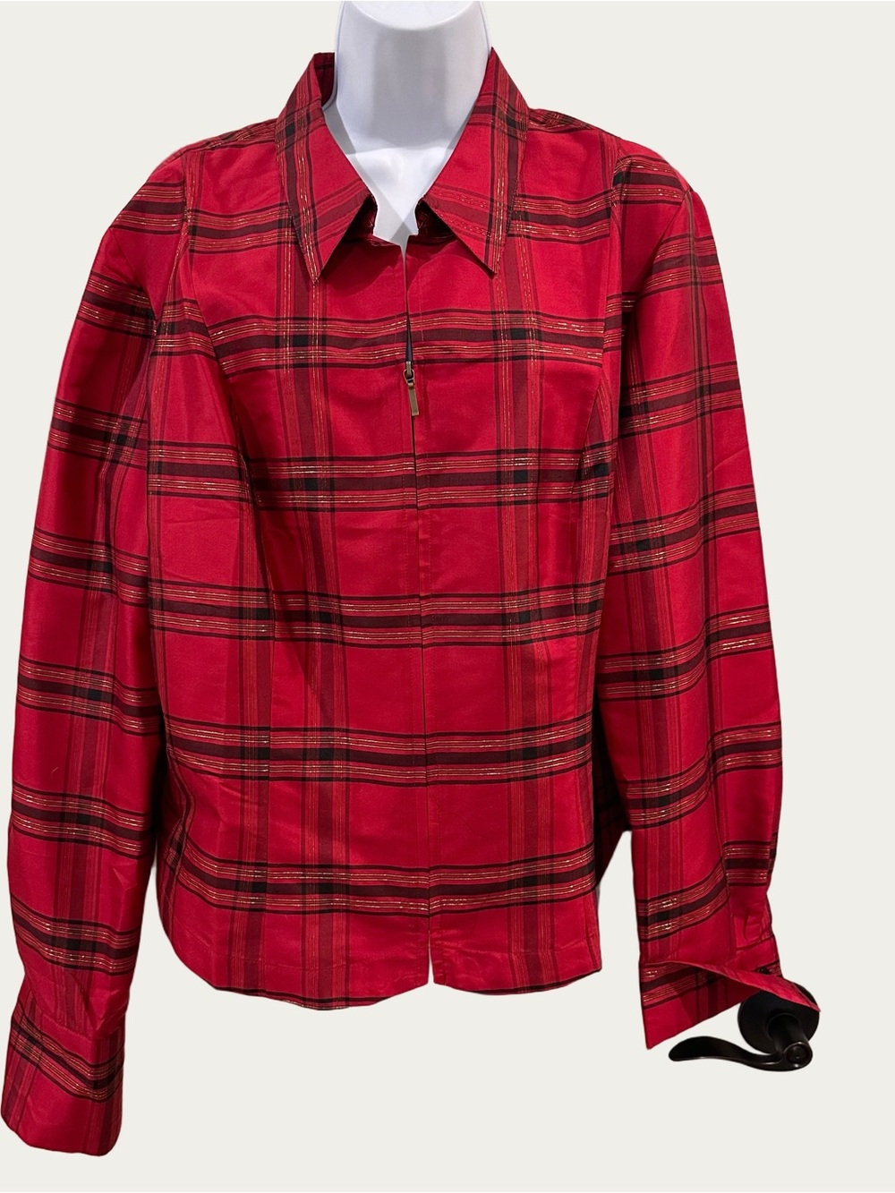 Coldwater Creek Red Plaid Silk Blend Zippered Front Holiday Top Large NWT